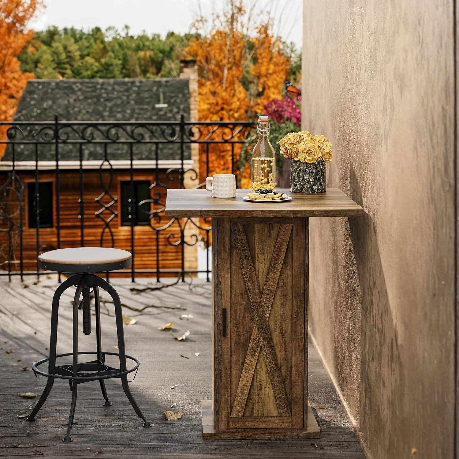 Alt View 4. Tribesigns - 31.5-Inch Square Counter-Height Bar Table with 3-Tier Storage Cabinet and X-Pattern Doors - Rustic Brown.
