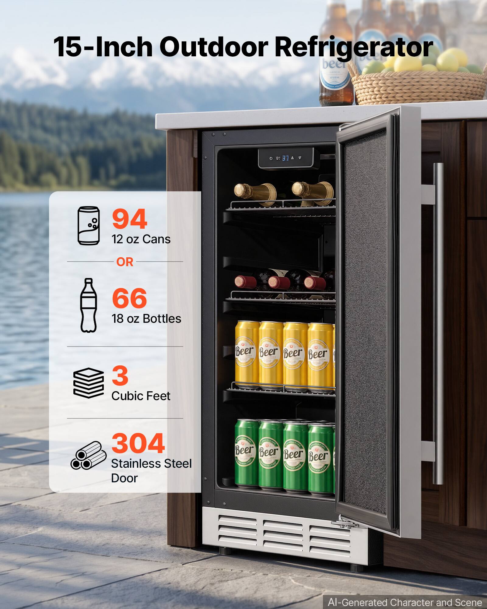 15-Inch Outdoor Refrigerator

94 12 oz Cans
OR
66 18 oz Bottles
3 Cubic Feet
304 Stainless Steel Door

AI-Generated Character and Scene