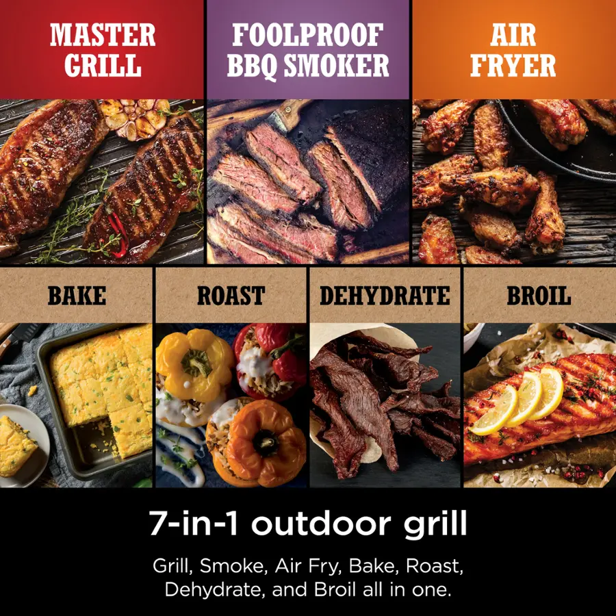 The image features a 7-in-1 outdoor grill that offers various cooking options. It includes a grill, a smoker, an air fryer, a bake, a roast, a dehydrator, and a broiler. The image showcases the different cooking methods with various food items, such as meat, vegetables, and baked goods. The grill is designed to provide versatile cooking options for outdoor enthusiasts who want to enjoy a wide range of flavors and textures in their meals.