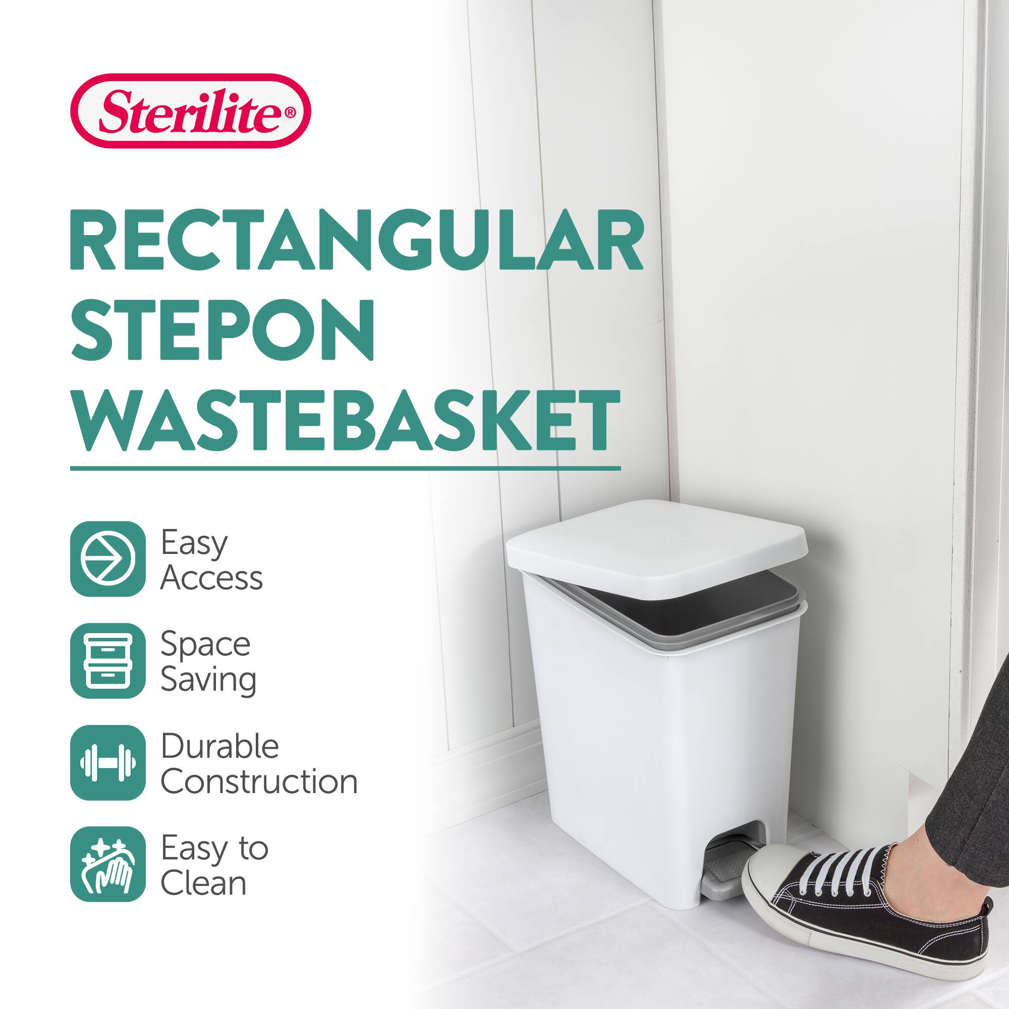 Sterilite RECTANGULAR STEPON WASTEBASKET

- Easy Access
- Space Saving
- Durable Construction
- Easy to Clean