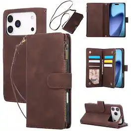 UUCOVER - Wallet Case for Apple iPhone 18 Pro with Card Slots Cash Holder, Zipper Pocket, Wrist & Shoulder Strap, Flip Stand Cover - Coffee