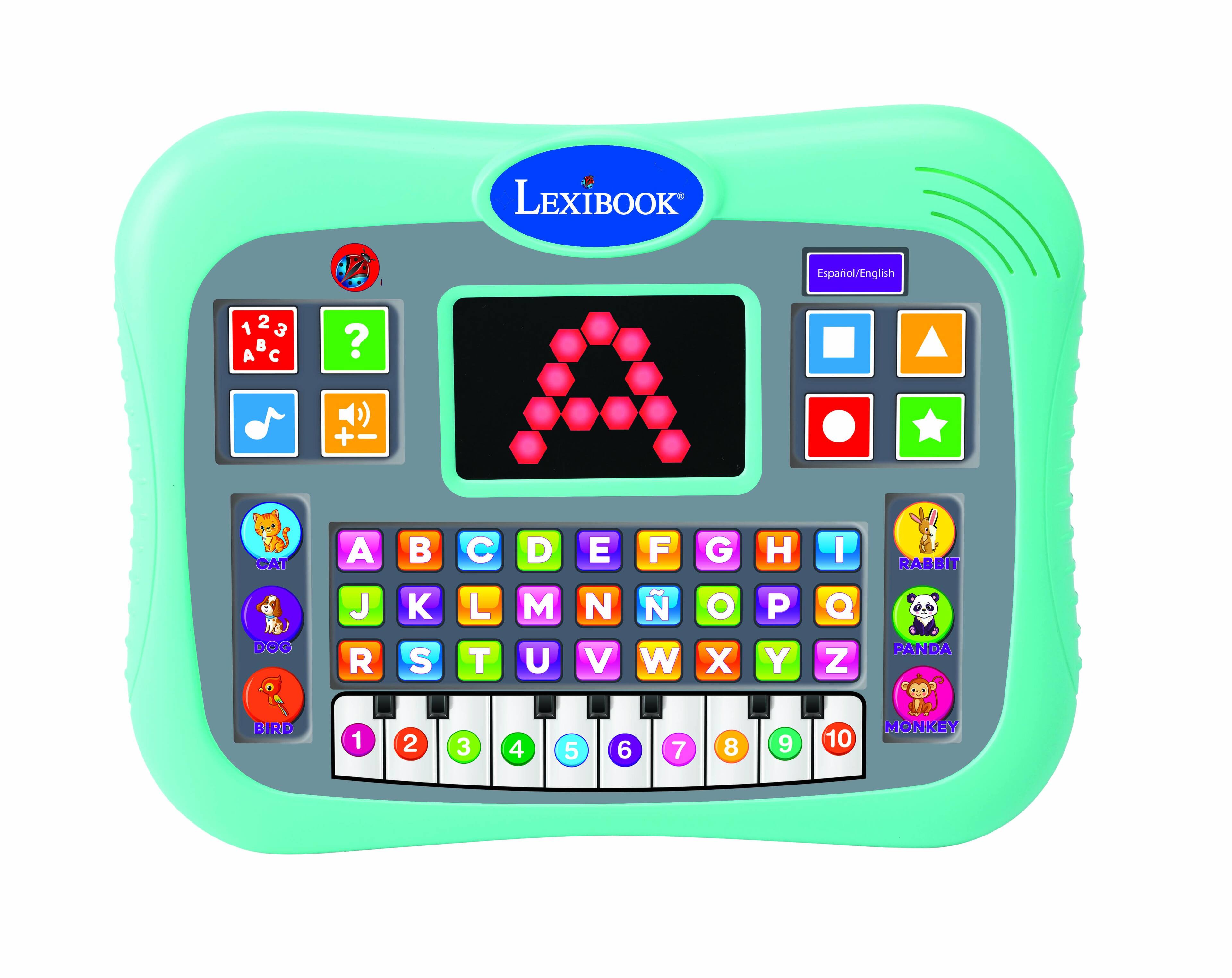 LEXIBOOK Español/English  
1 2 3  
ABC  
A B C D E F G H I J K L M N Ñ O P Q R S T U V W X Y Z  
CAT DOG  
A J R  
S C L T D M U E N V F W G O X H P Y I Q Z  
RABBIT PANDA BIRD  
1 2 3 4 5 6 7 8 9 10  
MONKEY