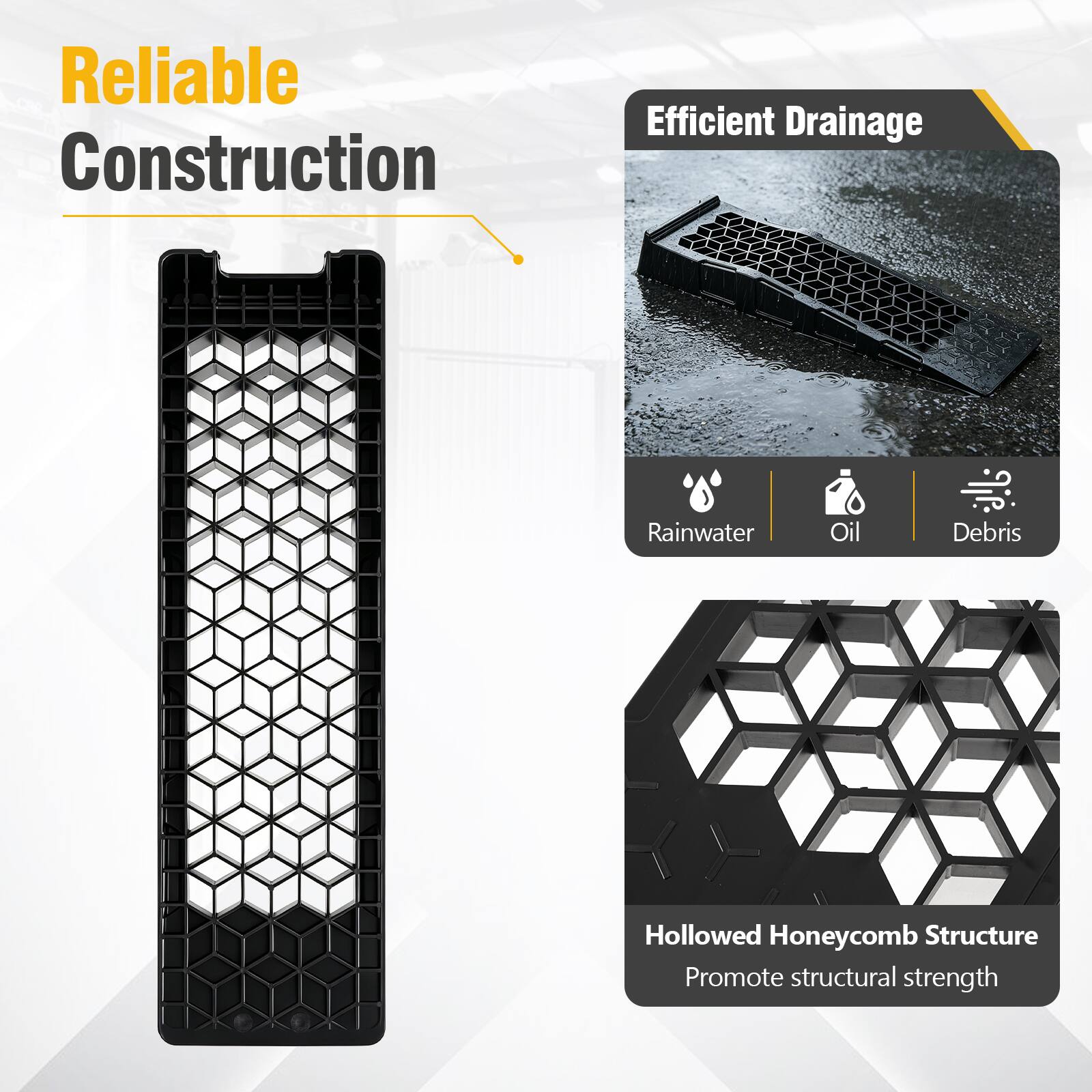 Reliable Construction

Efficient Drainage
- Rainwater
- Oil
- Debris

Hollowed Honeycomb Structure
Promote structural strength