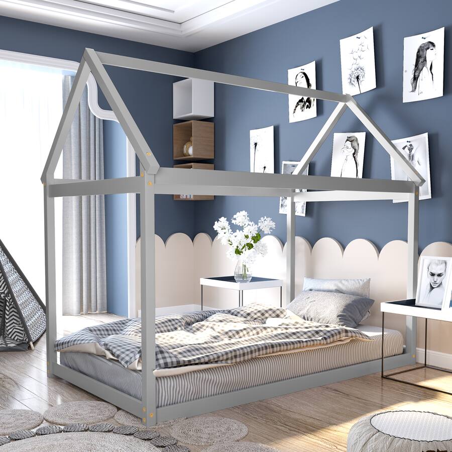 Costway Twin House Bed Wood Frame w/ Roof for Kids Toddler No Box ...