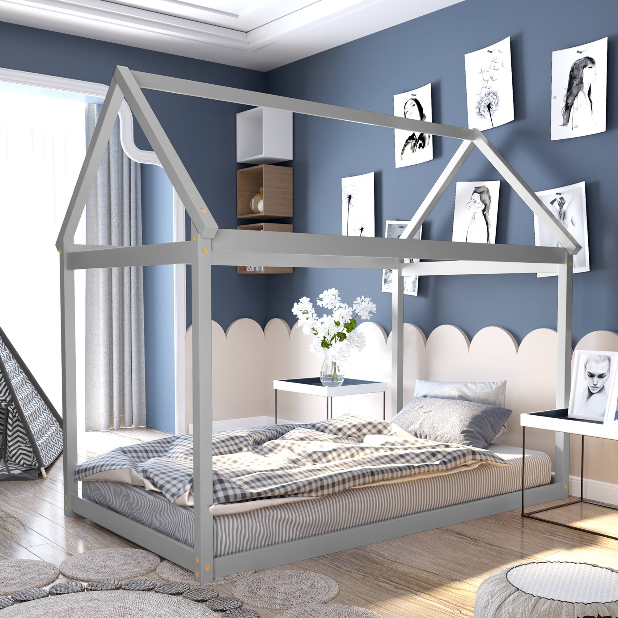 Alt View 8. Costway - Costway Twin House Bed Wood Frame w/ Roof for Kids Toddler No Box Spring - Grey.