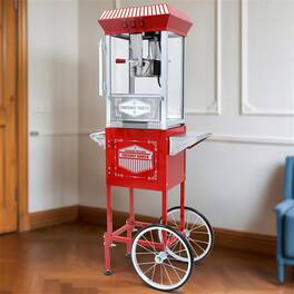 HTUTWOO - Popcorn Machine with Cart - 12-Ounce Kettle Vintage Popper, Mobile Wheels Design, Warming Deck & Old Maids Drawer - Red