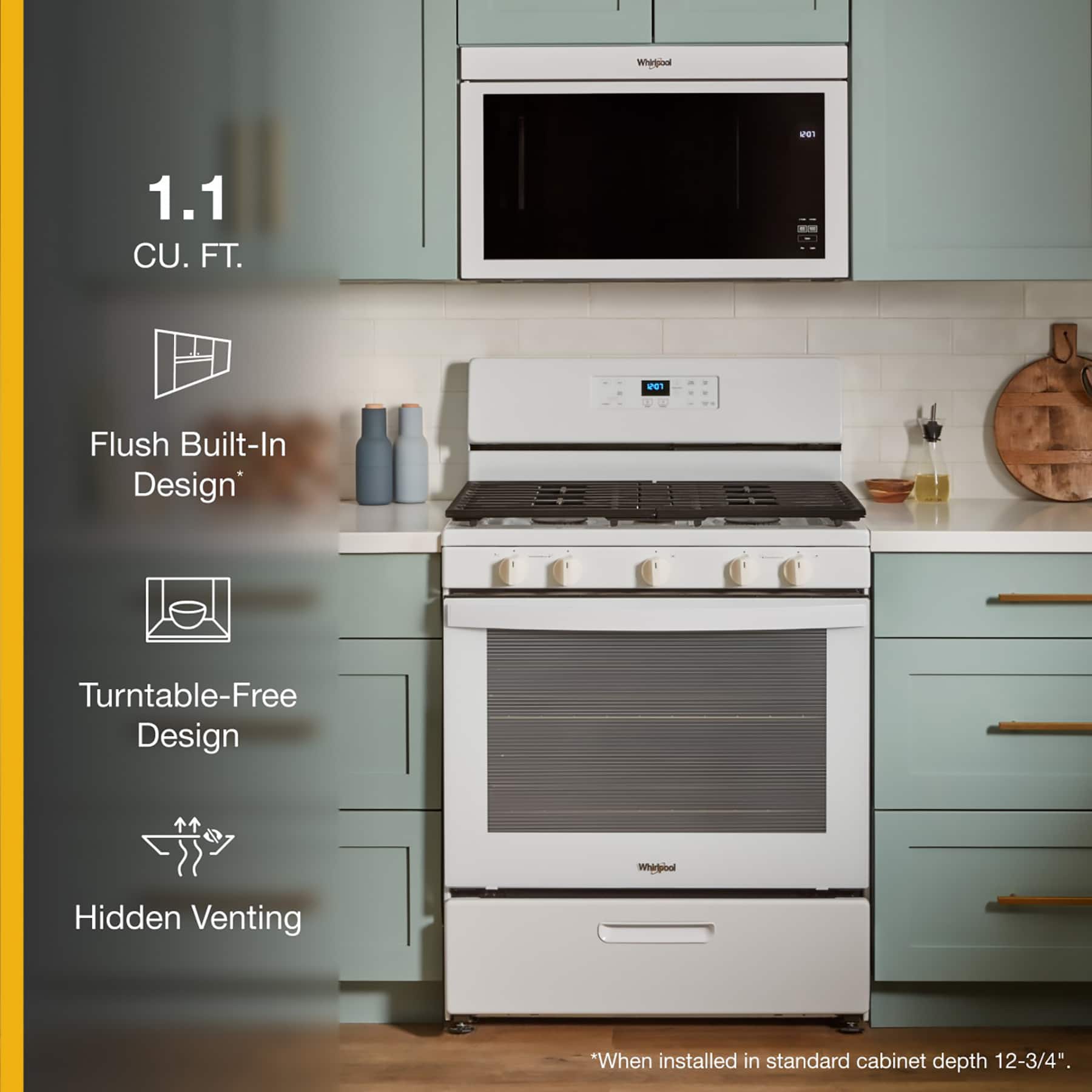 The text on the image reads: "1.1 CU. FT. . w Flush Built-In Design Turntable-Free Design Whiroal Hidden Venting *When installed in standard cabinet depth 12-3/4".