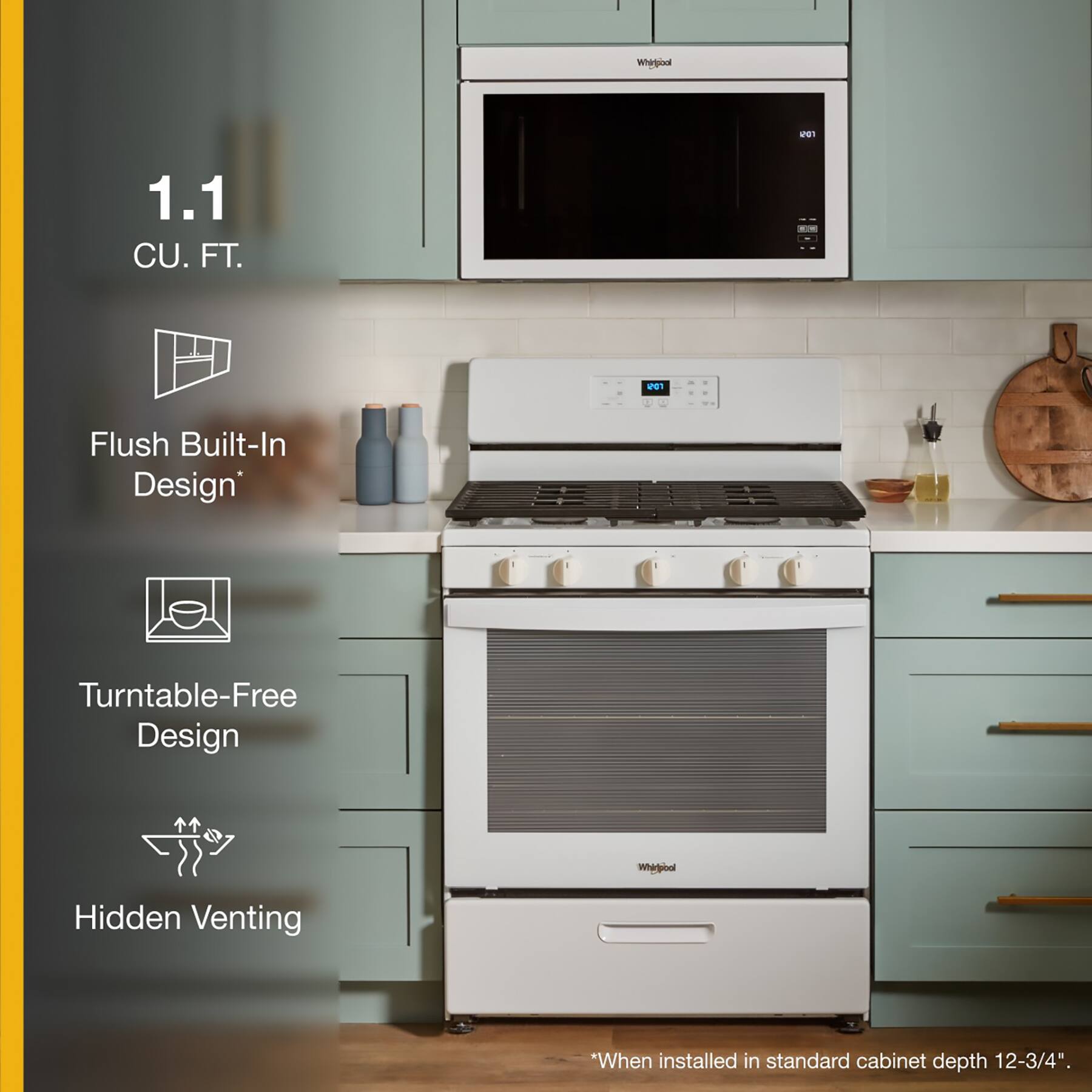 The text on the image reads: "1.1 CU. FT. . w Flush Built-In Design Turntable-Free Design Whiroal Hidden Venting *When installed in standard cabinet depth 12-3/4".