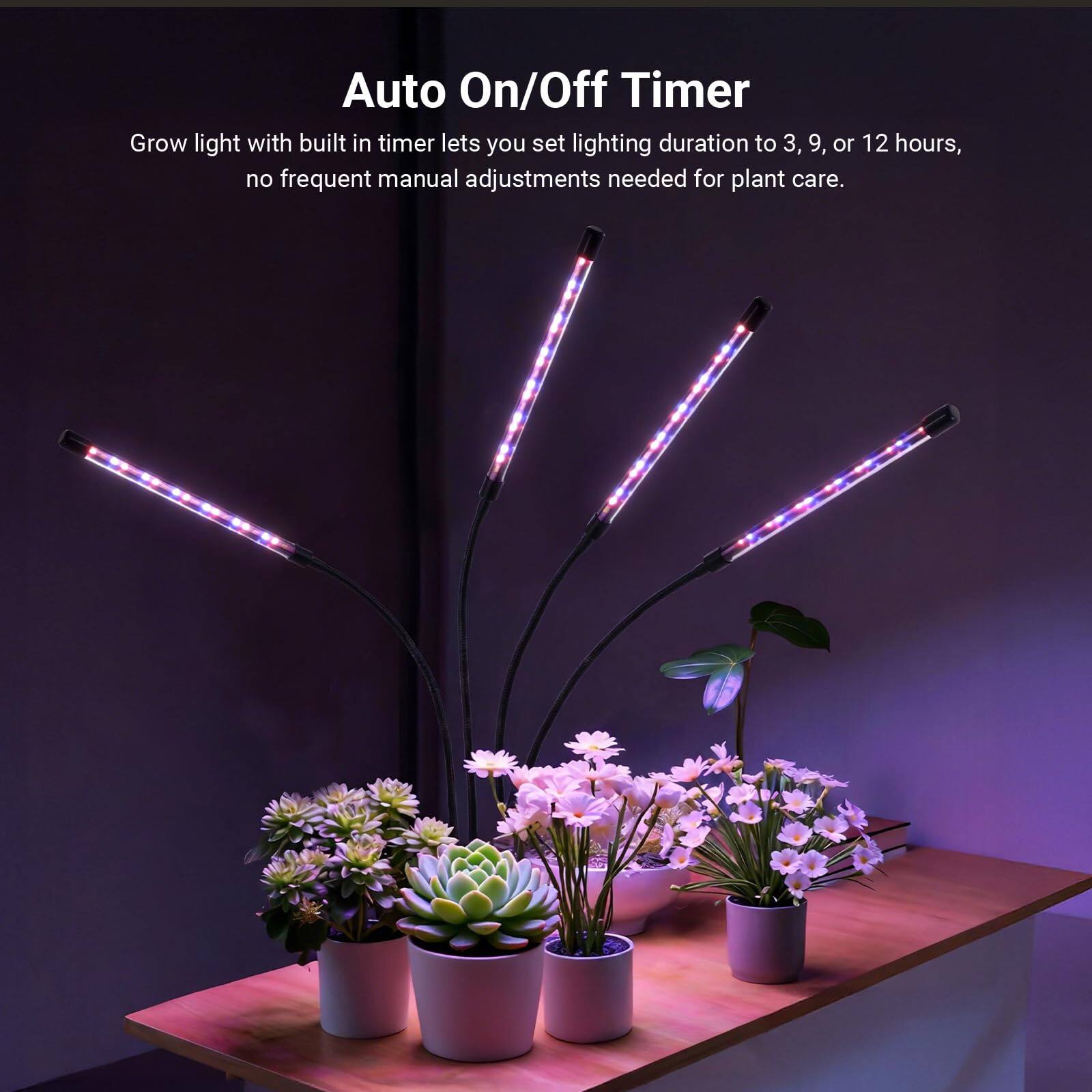 Auto On/Off Timer

Grow light with built-in timer lets you set lighting duration to 3, 9, or 12 hours, no frequent manual adjustments needed for plant care.