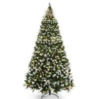 Costway - 9ft Pre-lit Snowy Christmas Tree 2058 Tips with Pine Cones & Red Berries - Green - Front_Zoom
