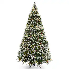 Costway - 9ft Pre-lit Snowy Christmas Tree 2058 Tips with Pine Cones & Red Berries - Green