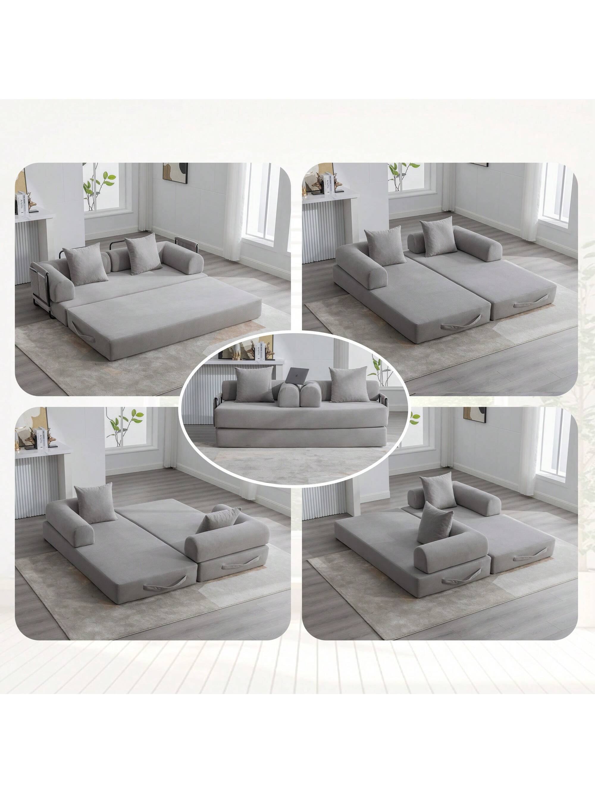 Front. Trinkets Crazed - Convertible Sleeper Sofa Bed With 2 Pillows, 78.5" Corduroy Folding Mattress Couch With Fixed-Shape Frame - Light Gray.