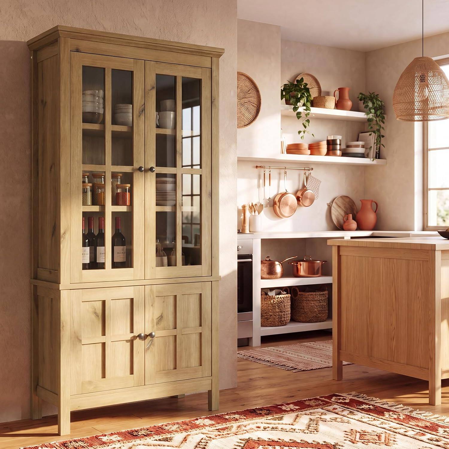 Alt View 1. Aheaplus - 63'' Tall Farmhouse 4-Door Pantry Cabinet with Adjustable Shelve and Glass Doors - Yellow Oak.