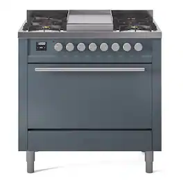 ILVE - Professional Plus II Series 36 in. Dual Fuel Range with 6 Sealed Burners + Griddle (Liquid Propane, Satin Trim) - Blue Grey