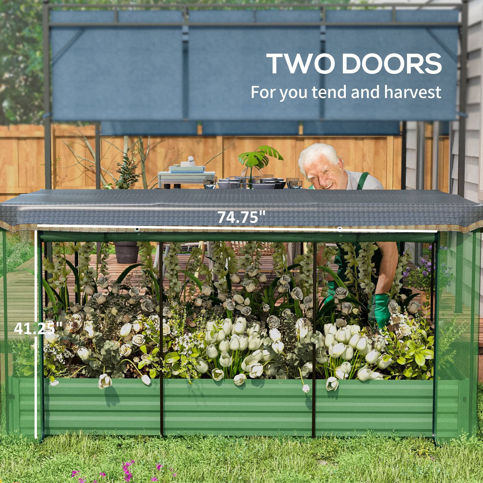 TWO DOORS For you tend and harvest
74.75"
41.25"