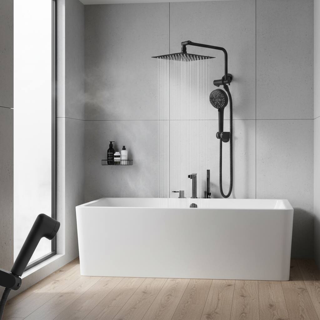 Alt View 1. Dazzed Corner - "8" All Metal High Pressure Rainfall/Handheld Combo, 10-Spray, 11" Arm - Matte Black.