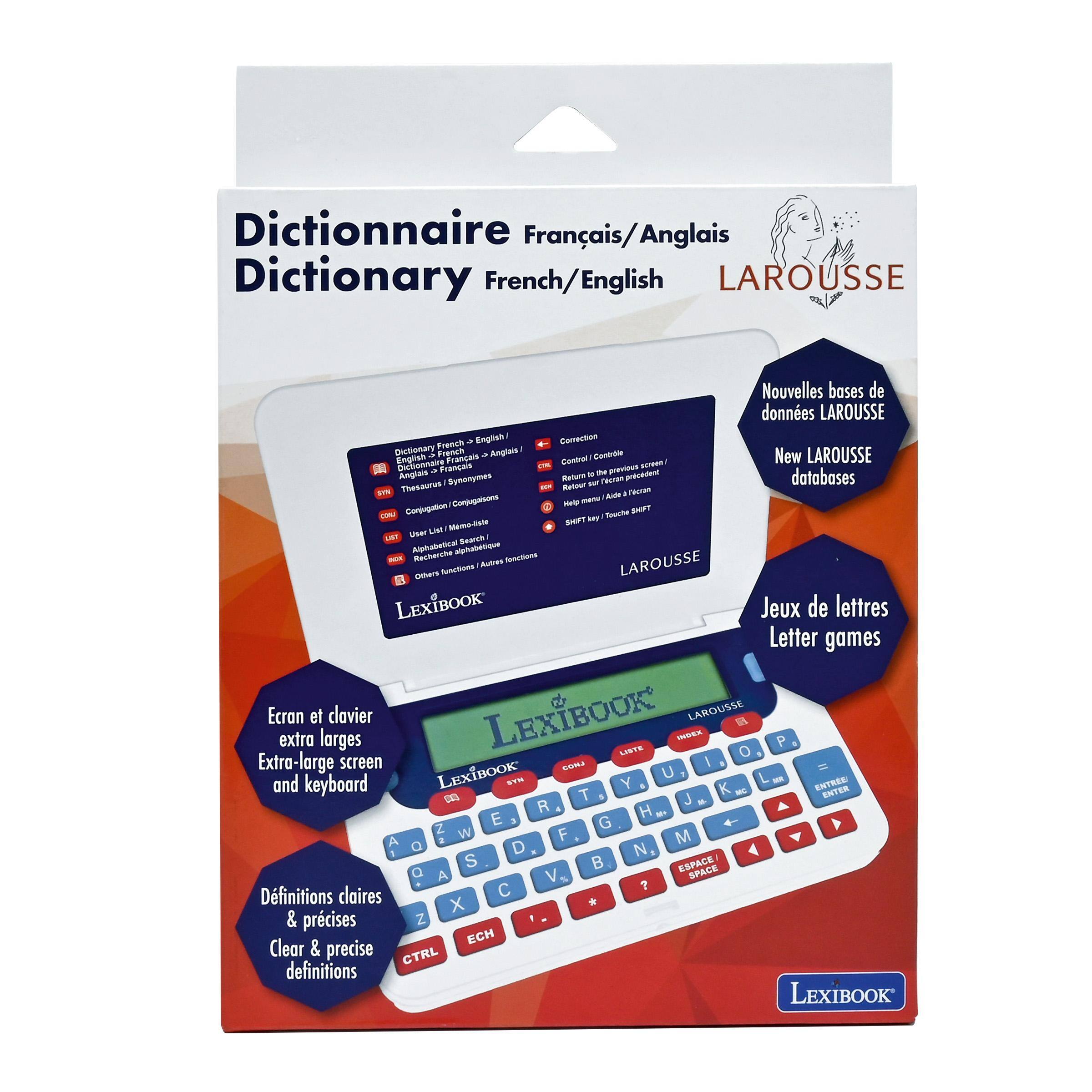 Dictionnaire Français/Anglais  
Dictionary French/English  
LAROUSSE  

Nouvelles bases de données LAROUSSE  
New LAROUSSE databases  

Ecran et clavier extra larges  
Extra-large screen and keyboard  

Jeux de lettres  
Letter games  

Définitions claires & précises  
Clear & precise definitions  

LexiBOOK