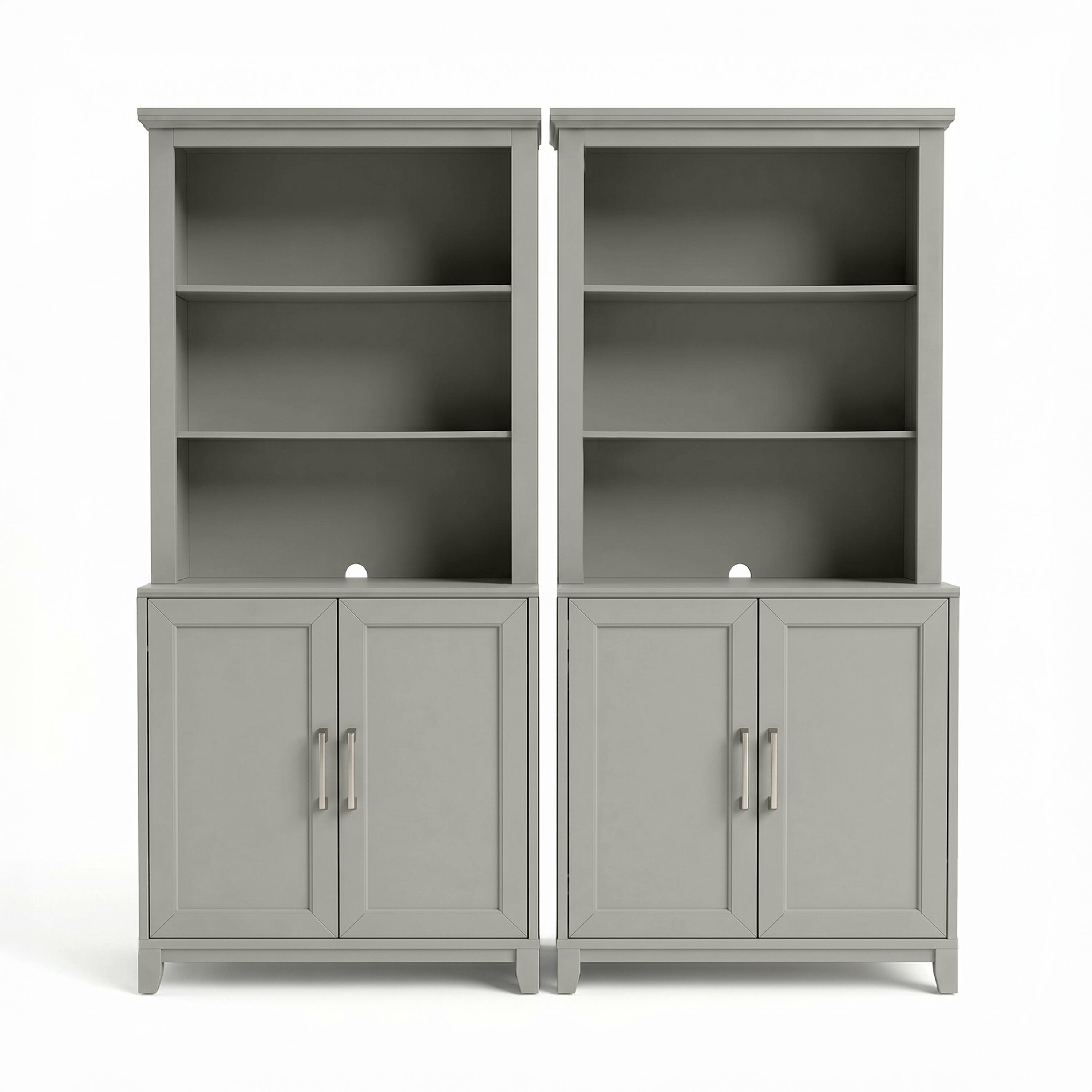 Alt View 1. Martha Stewart - Bedford Set of 2 Modular Cabinets and 2 Hutch Set, Premium Hardware, Open Top Shelves, Soft-Close Doors - Bedford Gray/Brushed Stainless Steel Hardware.