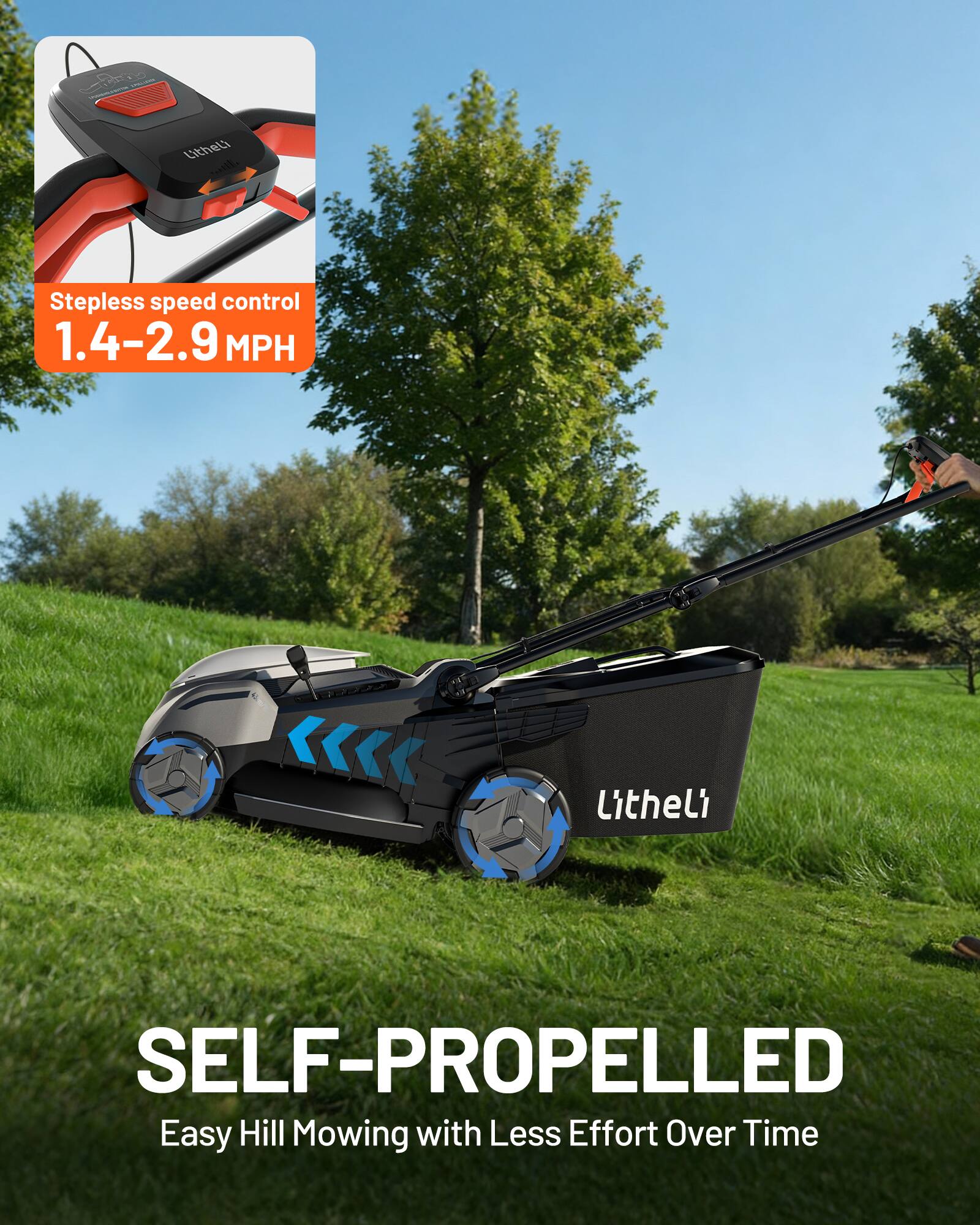 Stepless speed control 1.4-2.9 MPH  
Litheli SELF-PROPELLED  
Easy Hill Mowing with Less Effort Over Time