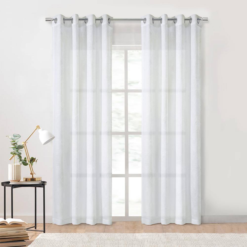 Angle. Commonwealth Home Fashions - Habitat Diamante Sheer Grommet Exclusive Embroidered Diamond Pattern Curtain Panel 52" x 95" White - White.
