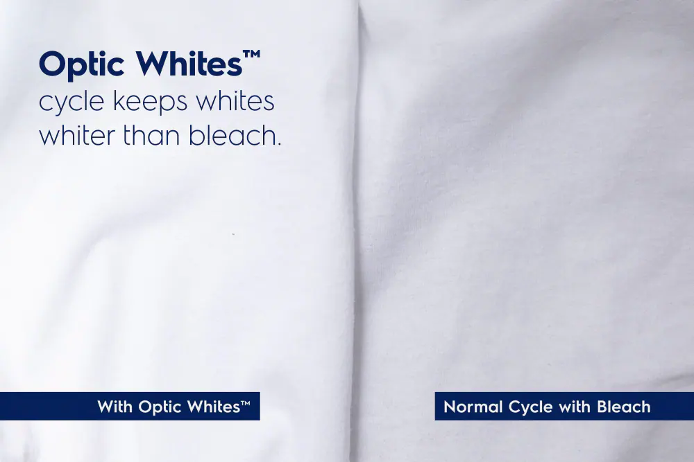 Optic WhitesTM cycle keeps whites whiter than bleach.TM With Optic WhitesTM Normal Cycle with Bleach.