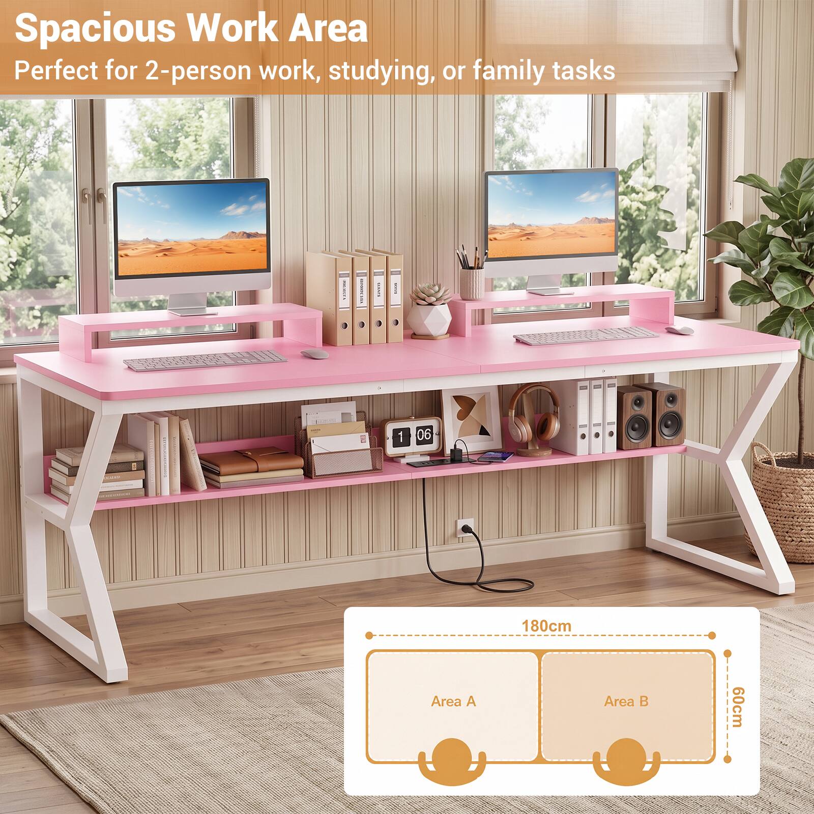 Spacious Work Area  
Perfect for 2-person work, studying, or family tasks  

180cm  
Area A  
Area B  
60cm
