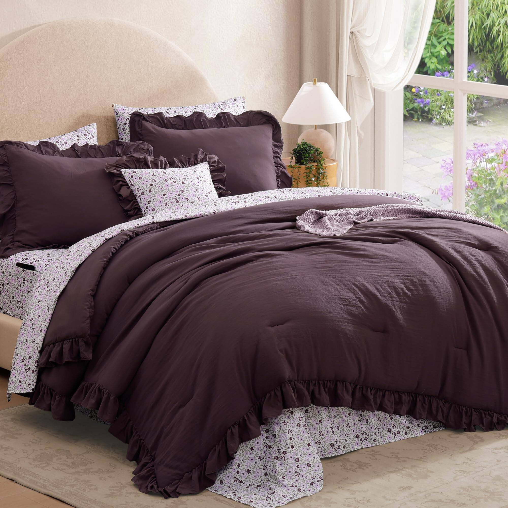 Alt View 1. PARKER SLATER - Queen Comforter Set - 7 Pieces Ruffle Purple Bedding Sets Shabby Chic Farmhouse Bed In A Bag With Floral Sheets... - Autumn Leaf-Queen.