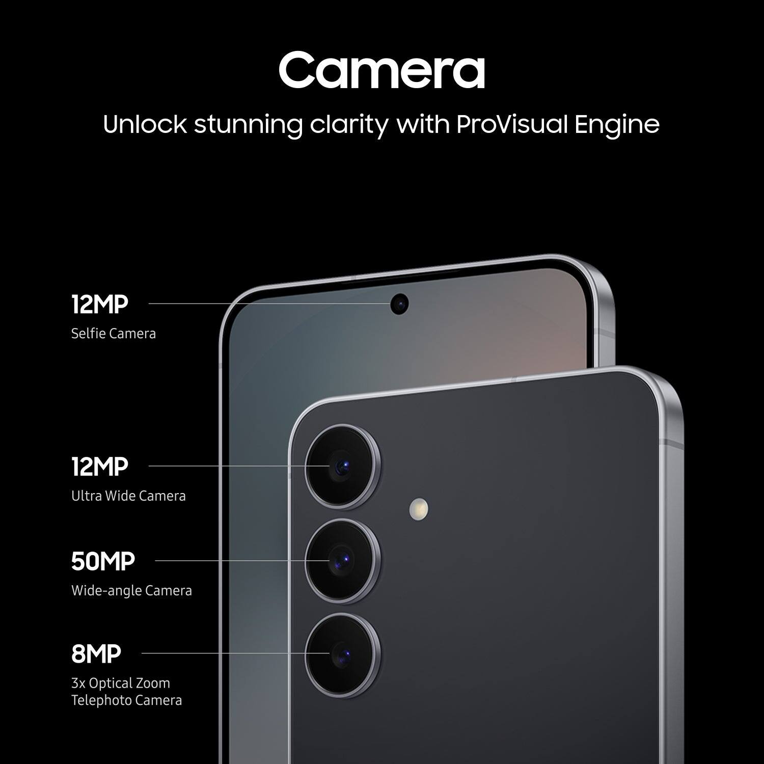 Camera  
Unlock stunning clarity with ProVisual Engine  

12MP  
Selfie Camera  

12MP  
Ultra Wide Camera  

50MP  
Wide-angle Camera  

8MP  
3x Optical Zoom Telephoto Camera