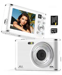 Sugift - Digital Camera 4K 48MP Autofocus 16X Zoom Anti-Shake Dual Camera Webcam With 32GB Card - White