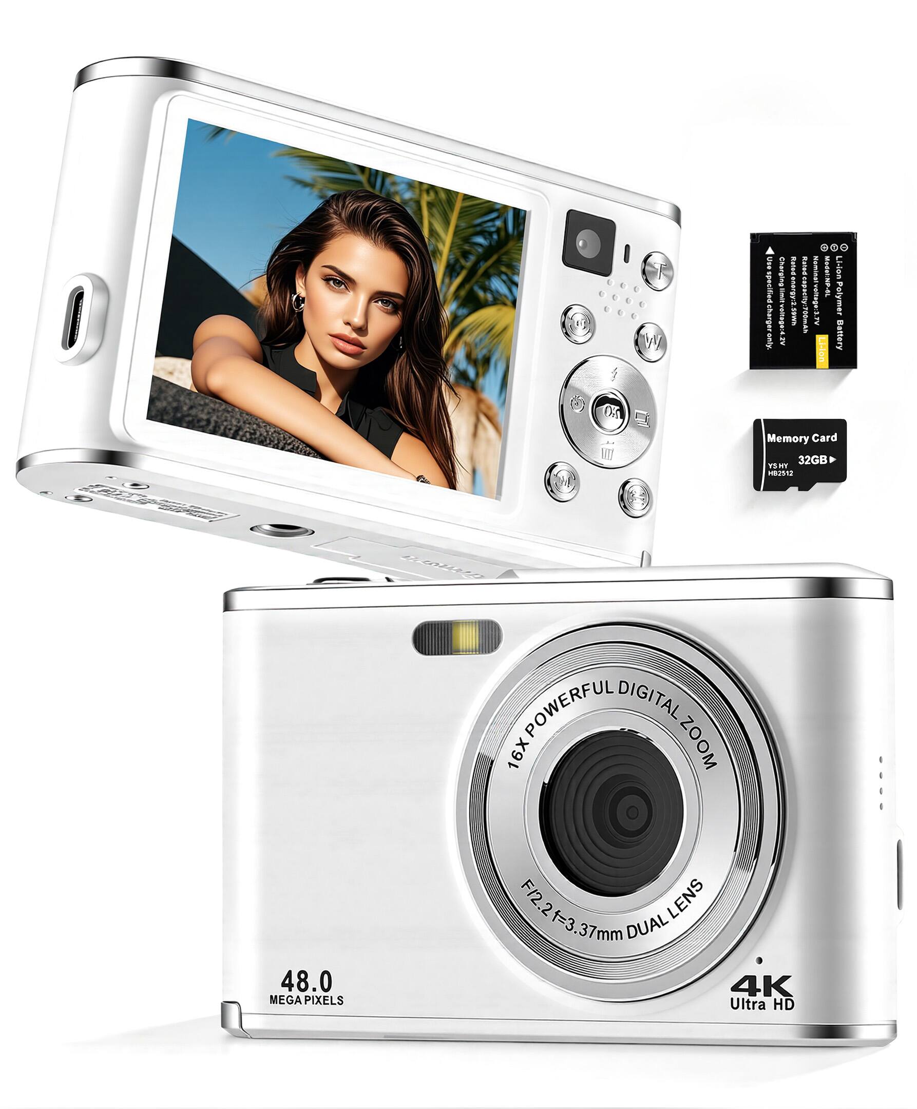 Sugift - Digital Camera 4K 48MP Autofocus 16X Zoom Anti-Shake Dual Camera Webcam With 32GB Card - White