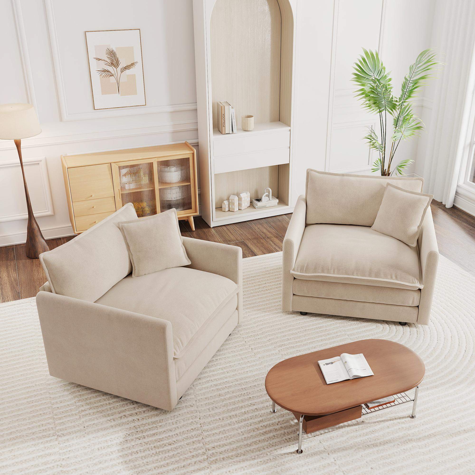 Back. LOVMOR - Accent Chair Set of 2 Highend Chenille Upholstered Armchairs Living Room Side Chairs with Toss Pillow Light Coffee - Beige.