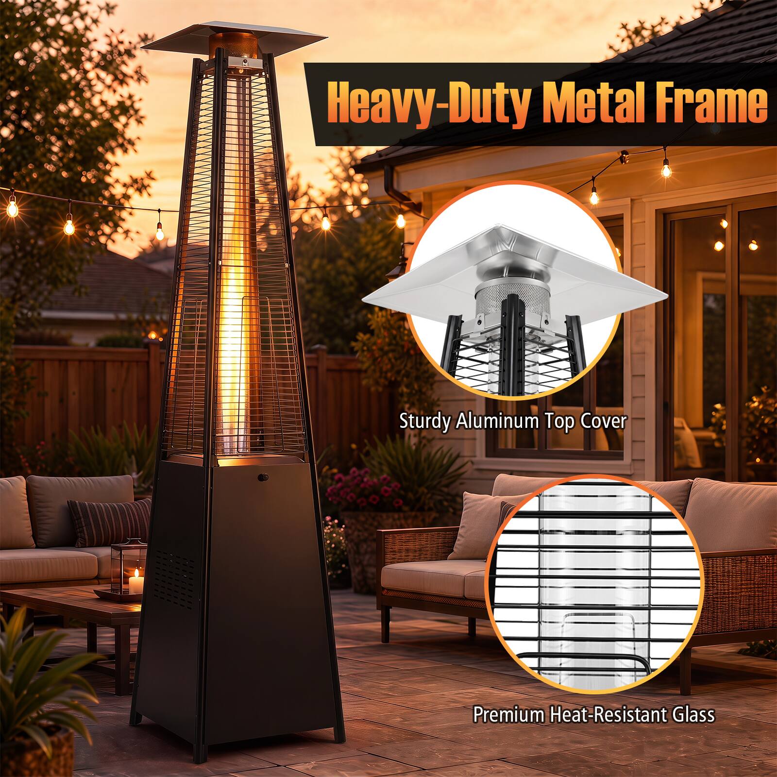 Heavy-Duty Metal Frame  
Sturdy Aluminum Top Cover  
Premium Heat-Resistant Glass