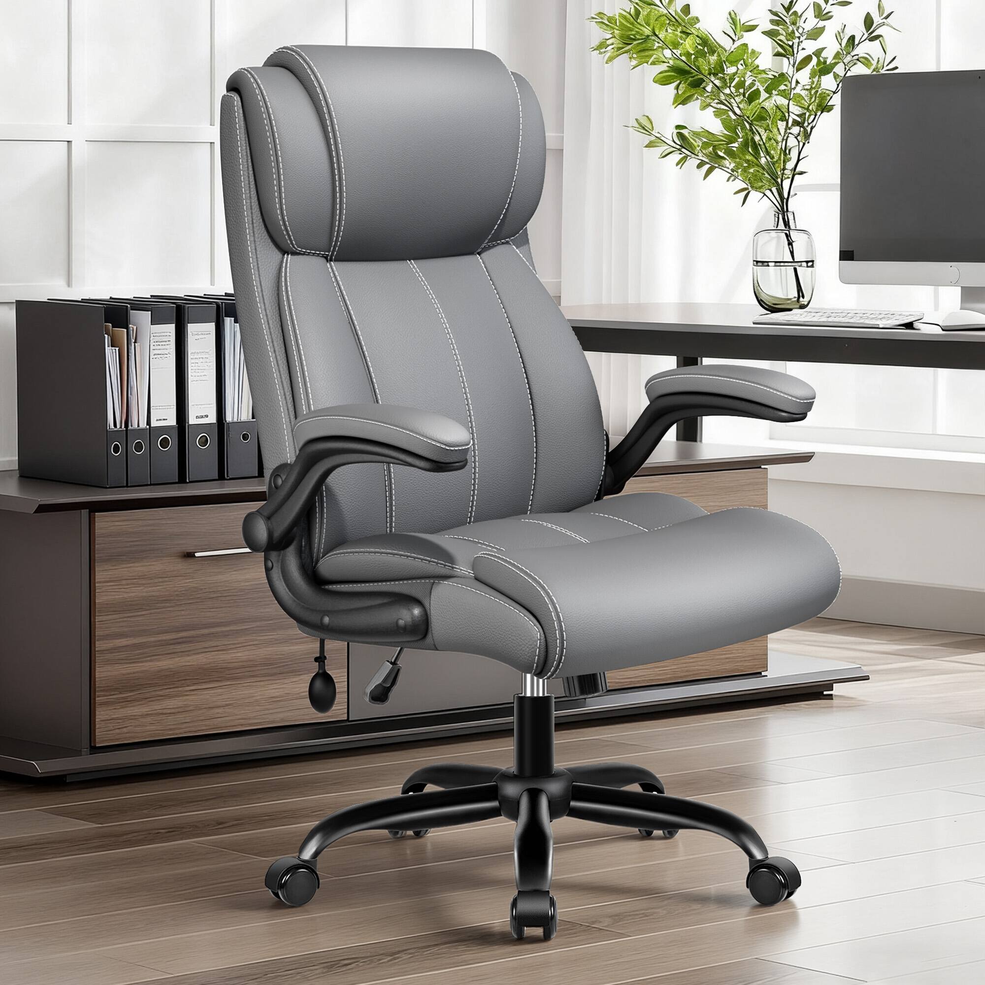 Angle. Brick Attic - 400 lbs High-Back Executive Office Chair with Adjustable Air Lumbar Flip-Up Armrests, Home Desk Rocking Computer Chair - Light Grey.