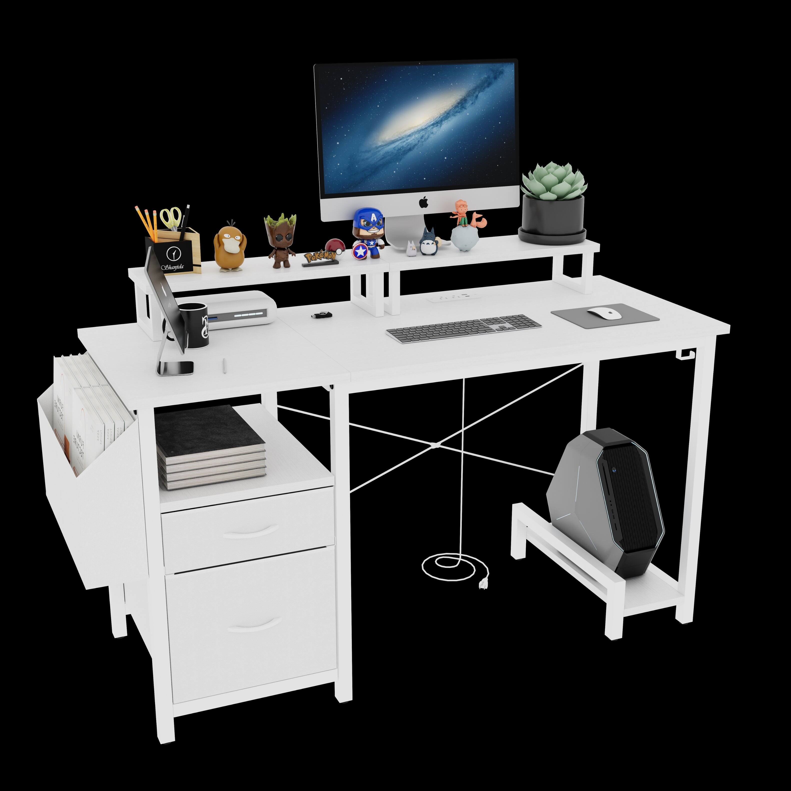 Alt View 9. Tiramisubest - 47" Computer Desk with 2 Fabric Drawers & Outlets,Office Desk with 2 Monitor Stands,Side Pocket,Shelves & Hooks,White - White.