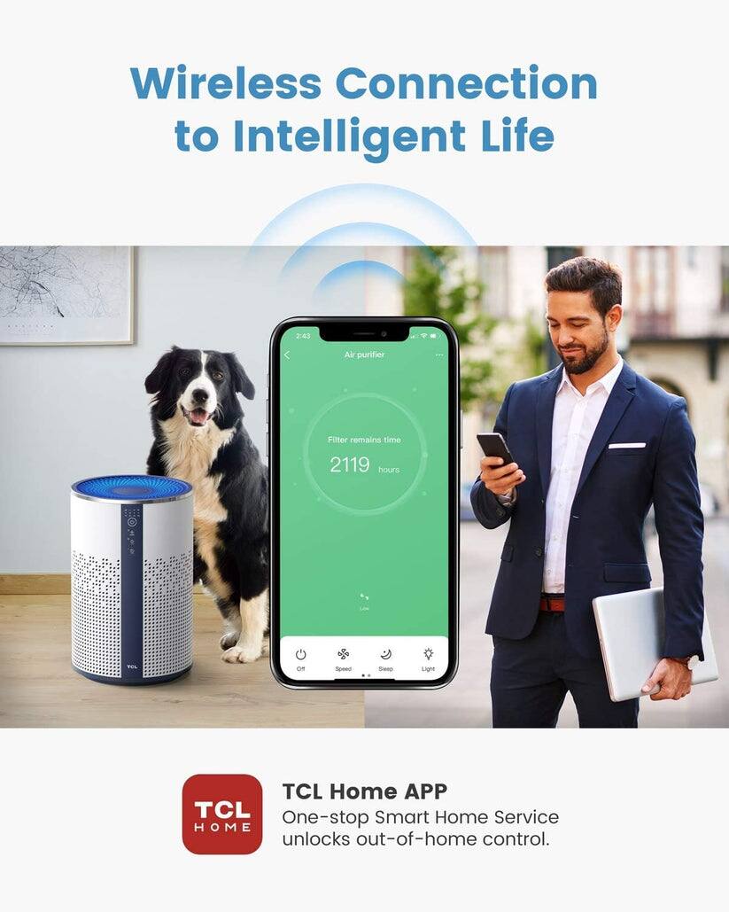 Wireless Connection to Intelligent Life

Air purifier  
Filter remains time 2119 hours

TCL Home APP  
One-stop Smart Home Service  
unlocks out-of-home control.