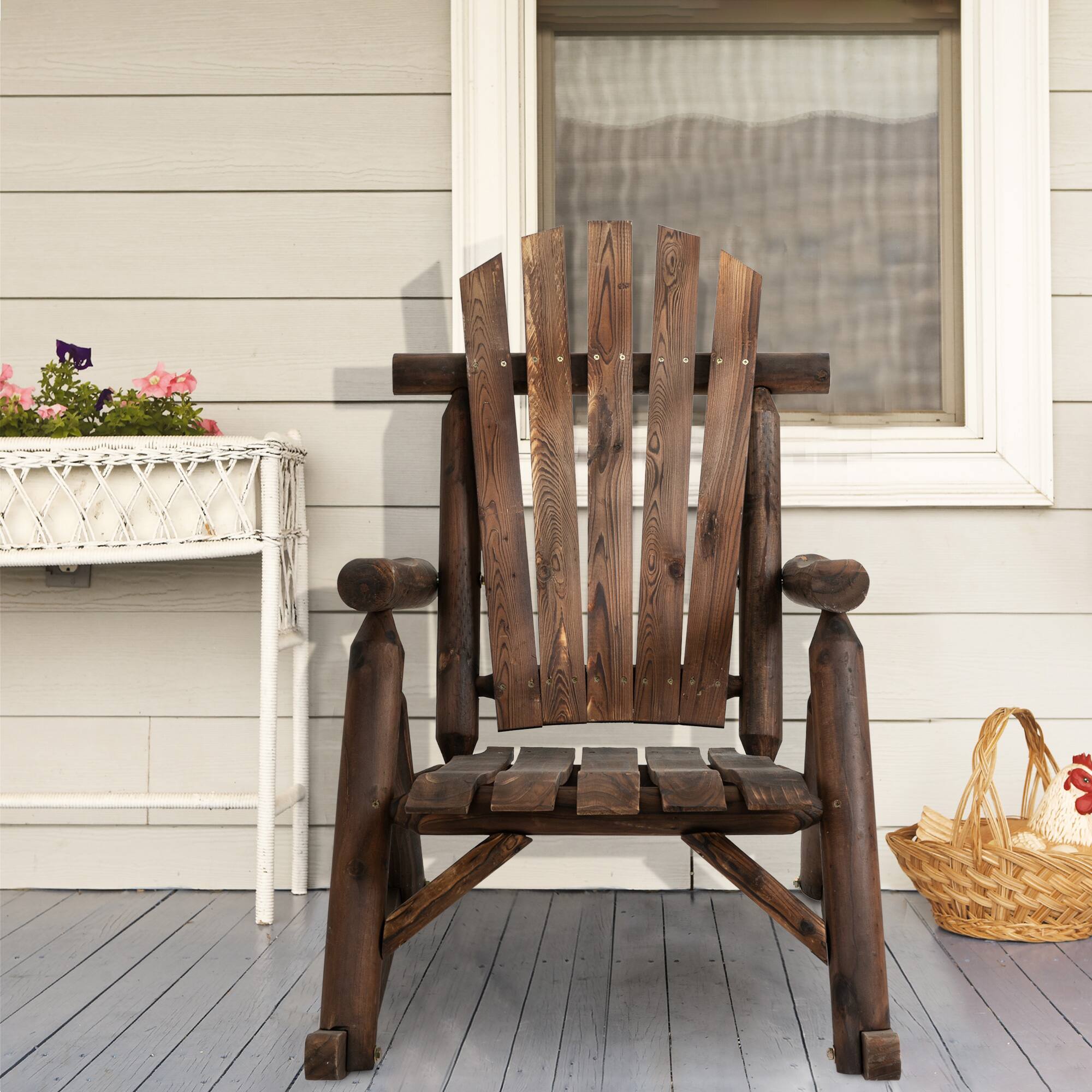 Angle. Outsunny - Outdoor Wooden Rocking Chair, Single-Person Adirondack Rocking Patio Chair with Rustic High Back, Slatted Seat - Carbonized.
