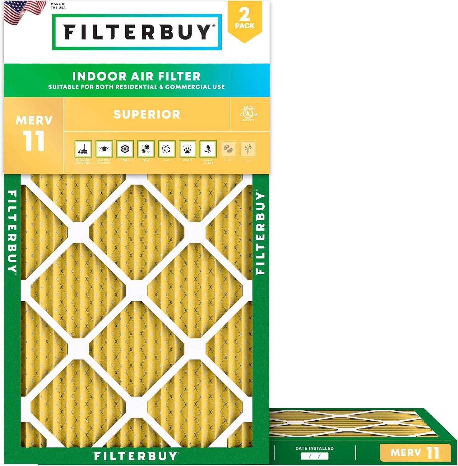Filterbuy - 19x27x1 MERV 11 Pet & Allergy Defense, Electrostatic Pleated HVAC AC Furnace Air Filters Replacement (2-Pack) - Gold