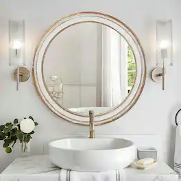 Kadyn - 31.5" Round Wooden Farmhouse Mirror with Whitewash Edge, Large Decorative Wall Mirror for Living Room, Antique Natural