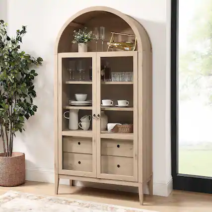 Front. Modway - Nolan 74" Tall Wide Arched Storage Display Cabinet by Modway - Light Oak.