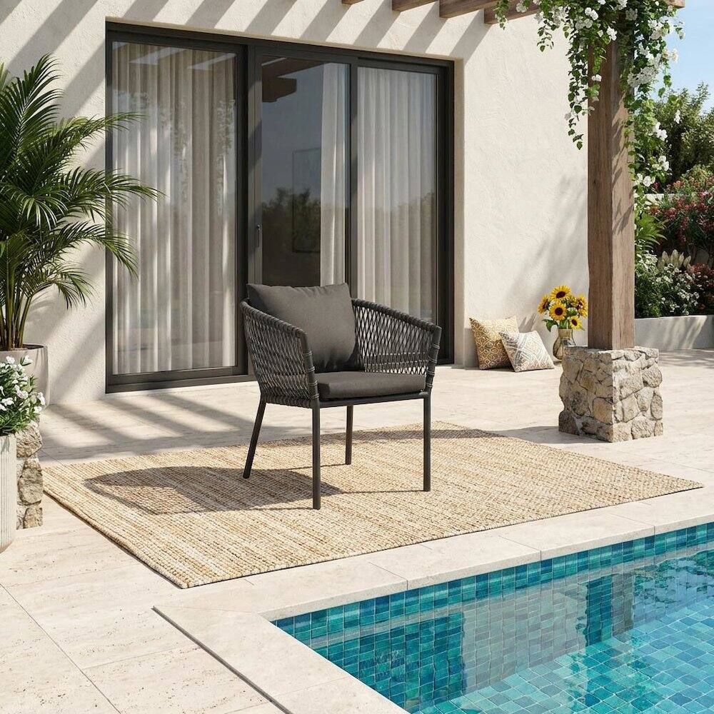 Angle. Outdoor Escape - Outdoor Patio Dining Armchair With Cushioned Seat And Armrests - Gray.