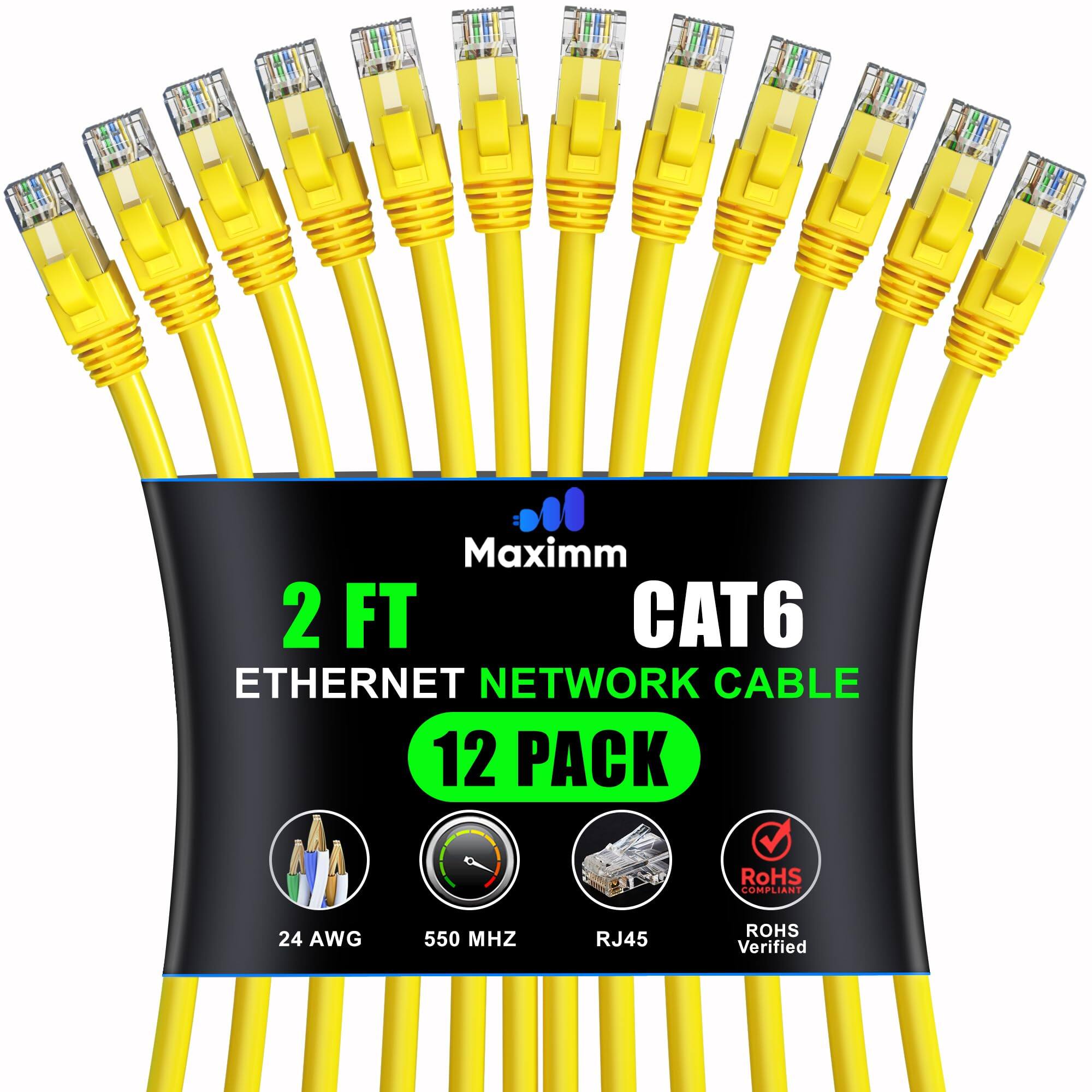 Maximm - Cat 6 Ethernet Cable 2 ft (12-Pack) - UTP, 10Gbps, 550MHz