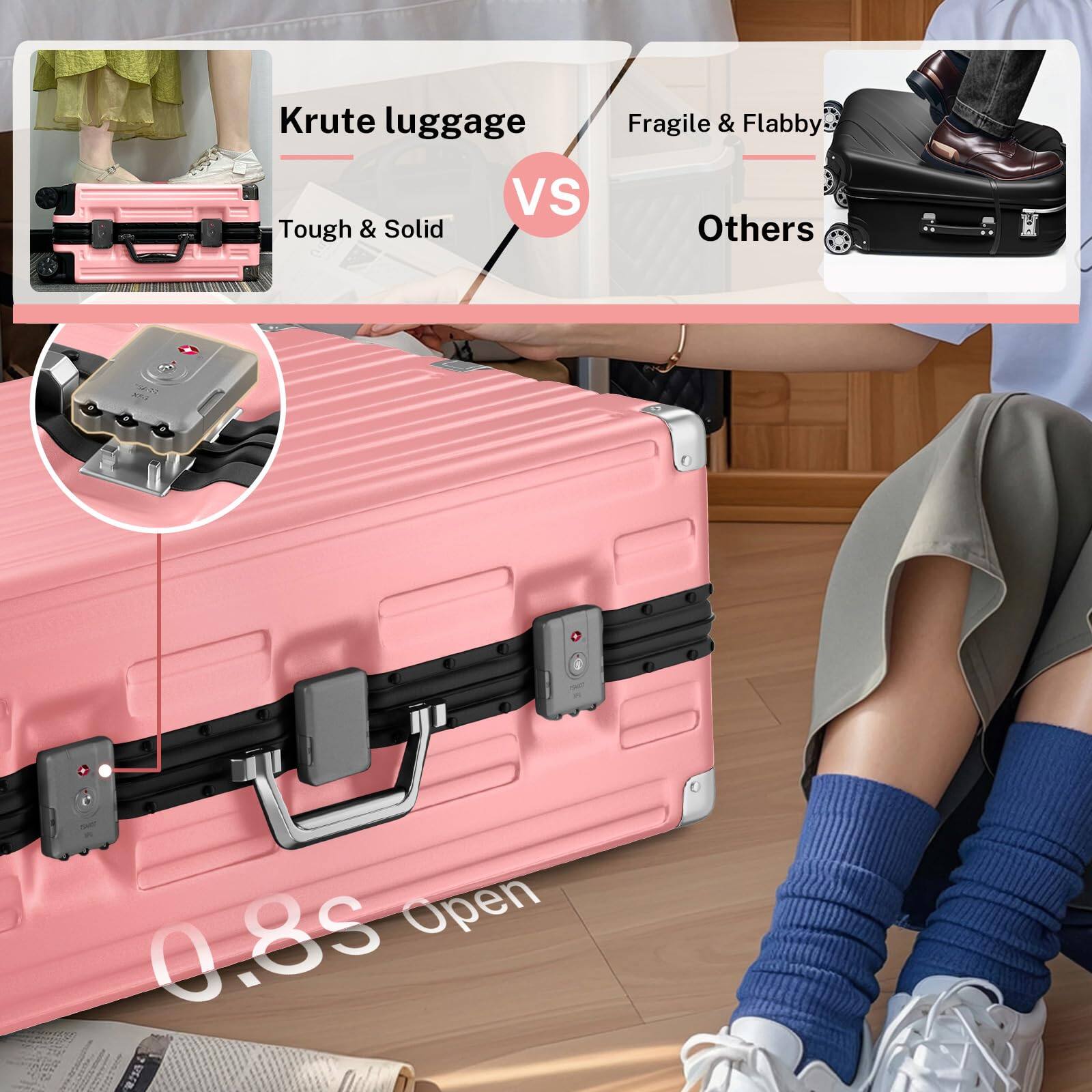 Krute luggage  
Tough & Solid  
VS  
Fragile & Flabby  
Others  

0.8s Open