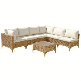 Ainfox - 7 Piece Wicker Patio Furniture Set,Outdoor Conversation Set Sectional Sofa with Thick Cushions for Backyard,Porch - 7PCS Beige