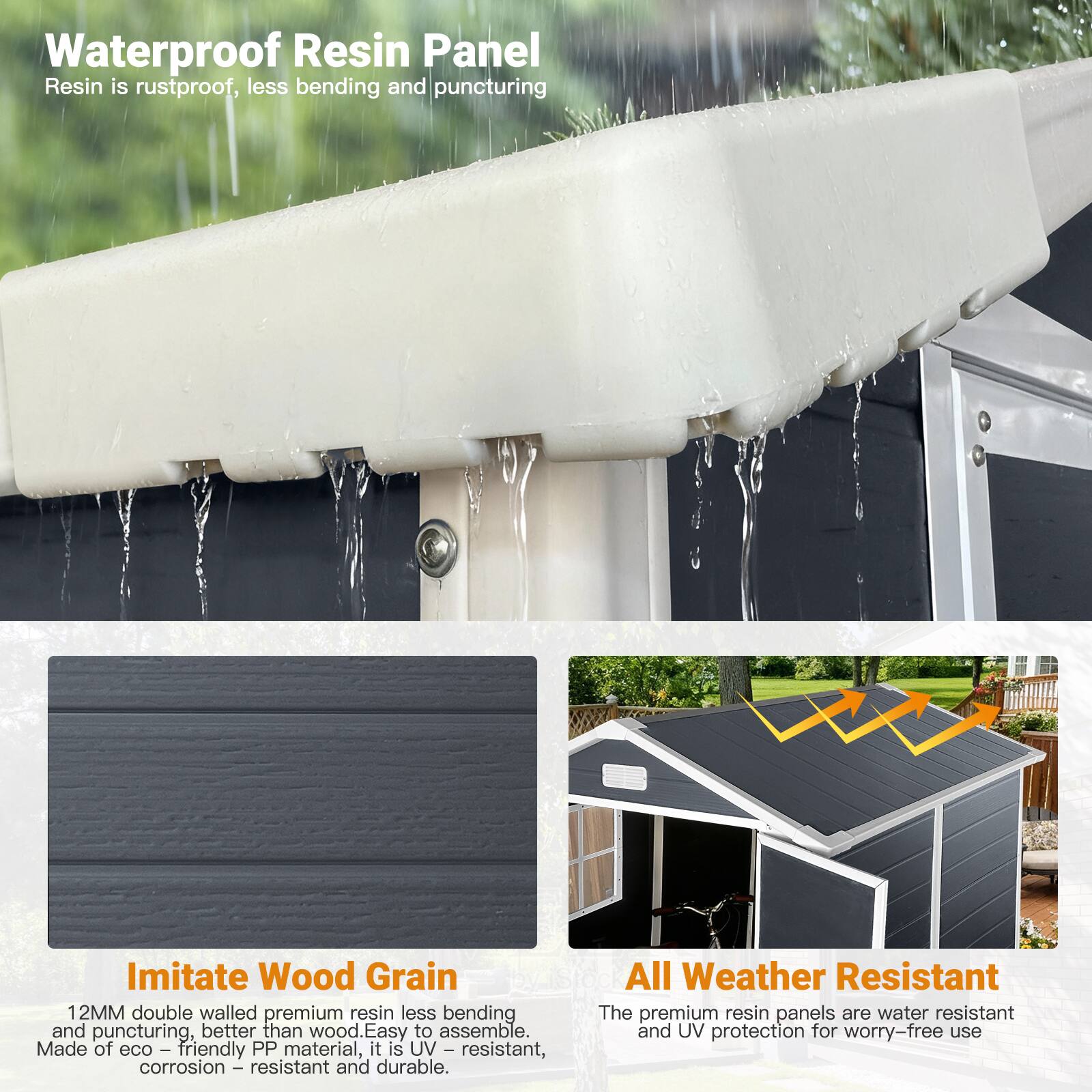 Waterproof Resin Panel  
Resin is rustproof, less bending and puncturing

Imitate Wood Grain  
12MM double walled premium resin, less bending and puncturing, better than wood. Easy to assemble. Made of eco-friendly PP material, it is UV-resistant, corrosion-resistant, and durable.

All Weather Resistant  
The premium resin panels are water resistant and UV protection for worry-free use