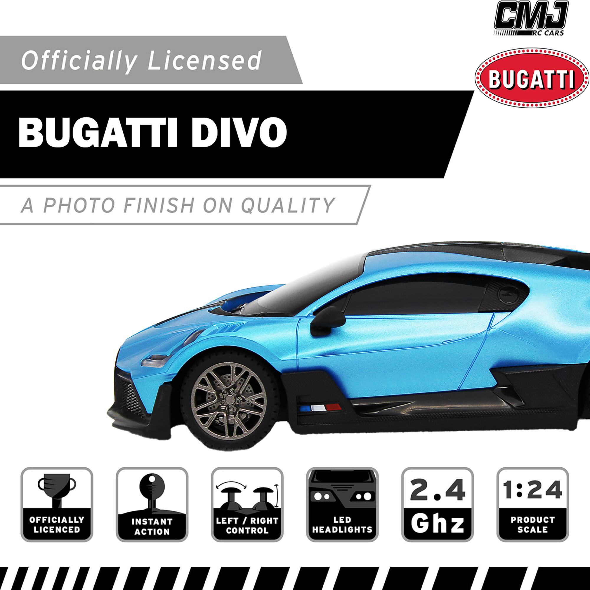 Officially Licensed J RC CARS Bugatti Divo. A photo finish on quality. Instant action left/right control headlights. 2.4 Ghz 1:24 product scale.