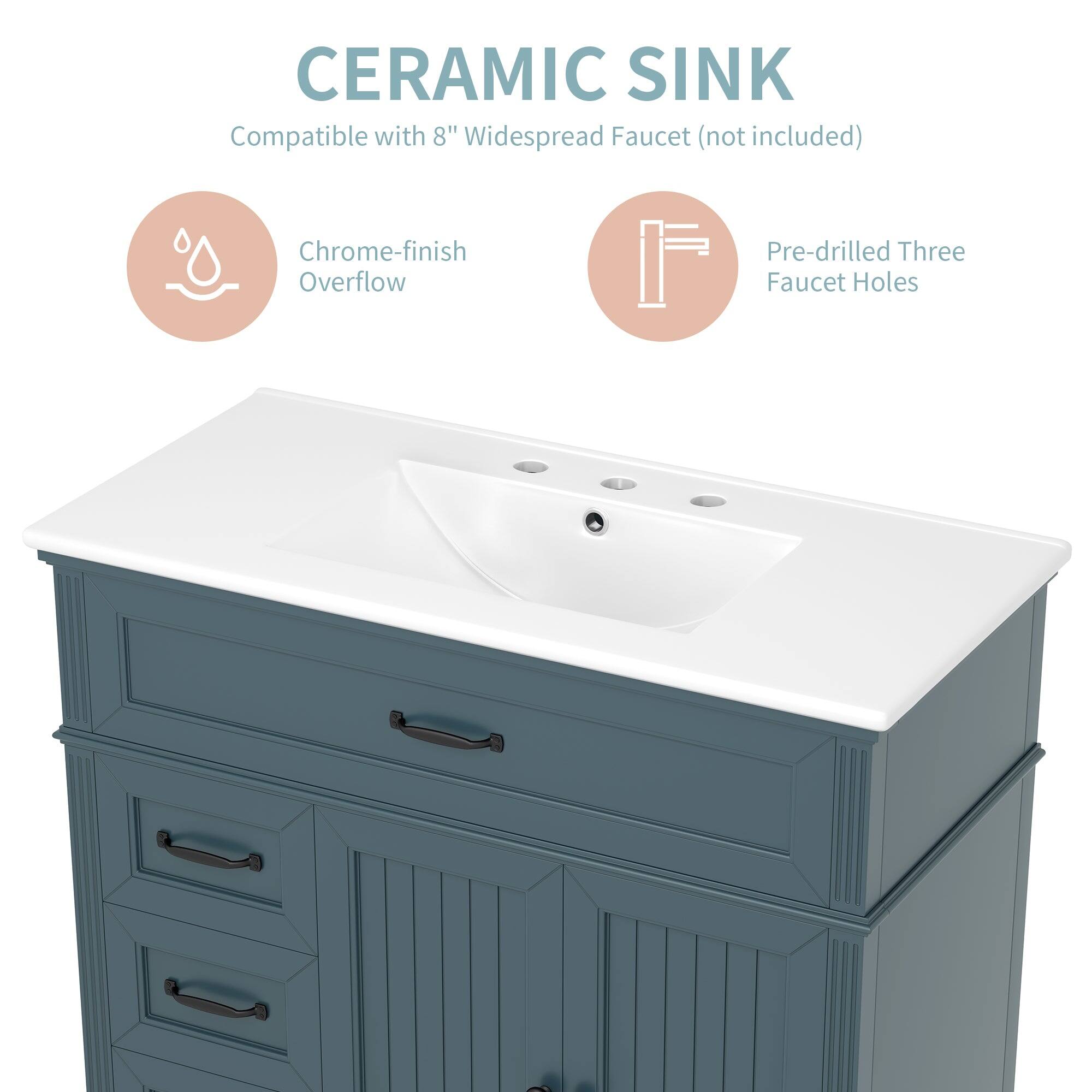 CERAMIC SINK  
Compatible with 8" Widespread Faucet (not included)  
Chrome-finish Overflow  
Pre-drilled Three Faucet Holes