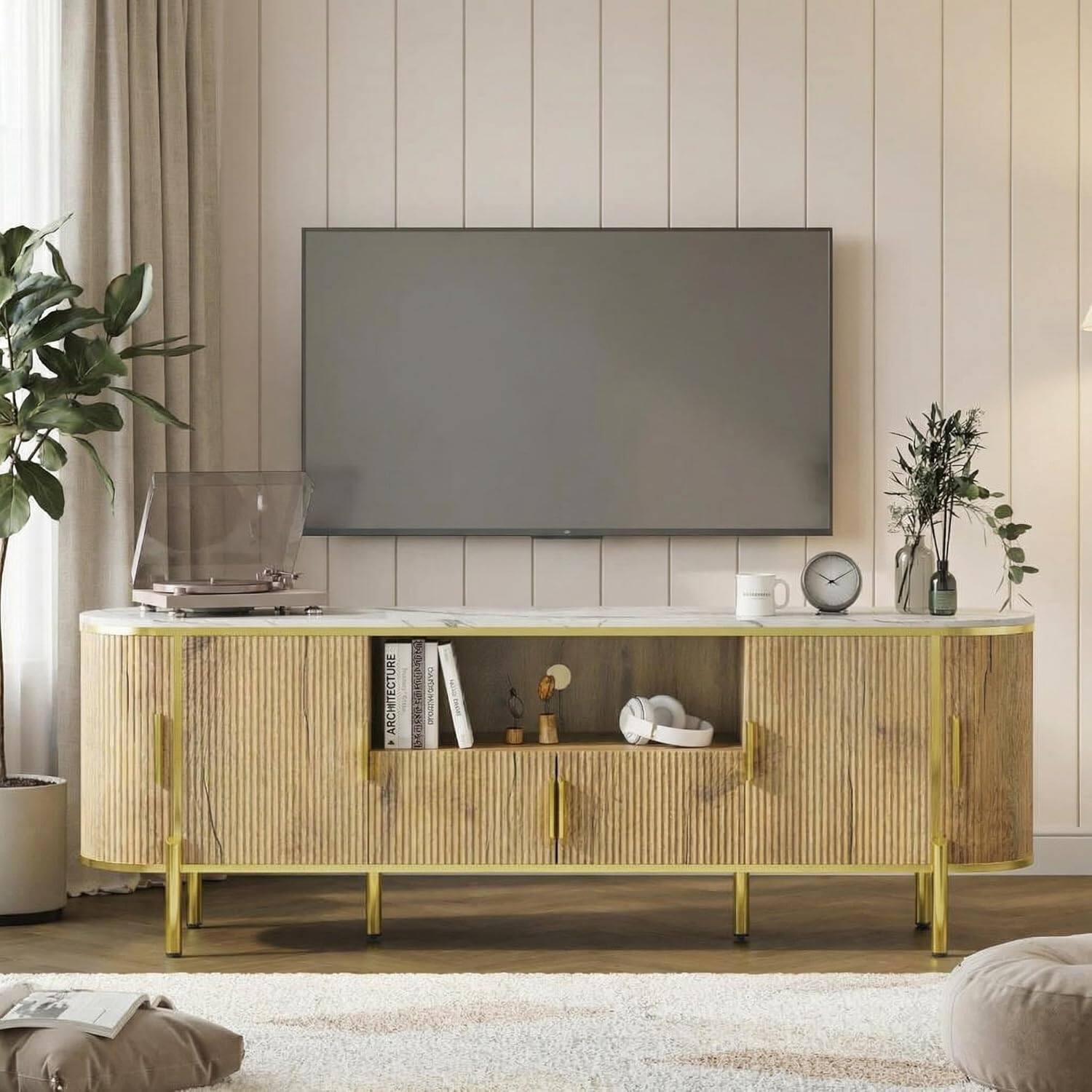 Front. Homhougo - 70" Luxury Fluted TV Stand with Faux Marble Top & Curved Sliding Doors, Modern Entertainment Center for TVs Up to 80", - Natural.