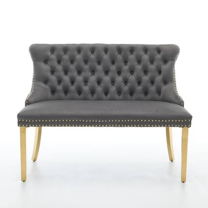 Front. GOODSILO - Velvet Tufted Double Seater Dining Bench with Gold Accent Legs for Kitchen and Dining Room Seating - Gray.