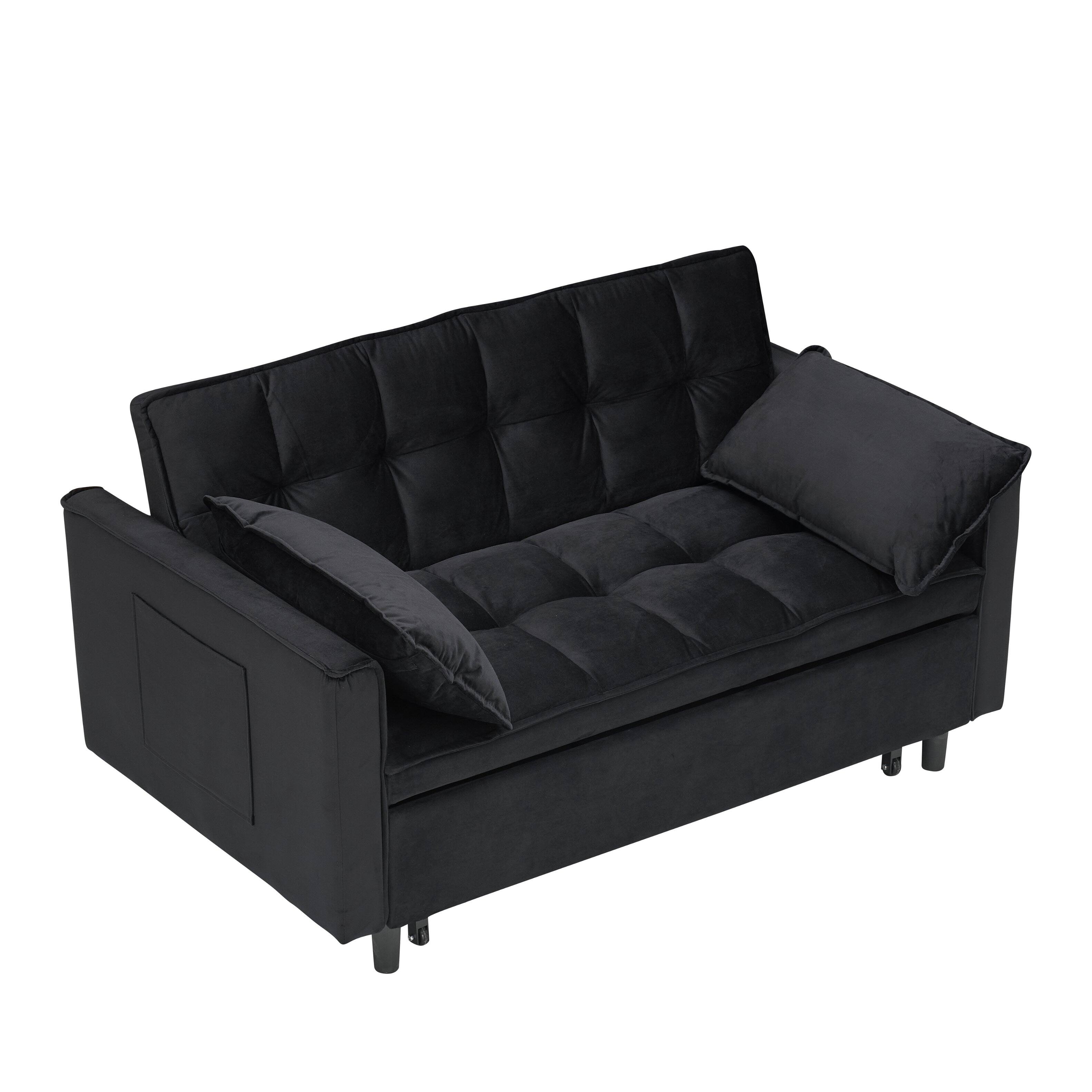 Back. Trinkets Crazed - 3 in 1 Velvet Convertible Sleeper Sofa Bed, Futon Couches for Living Room with Side Pocket/Adjustable Backrest - Black.
