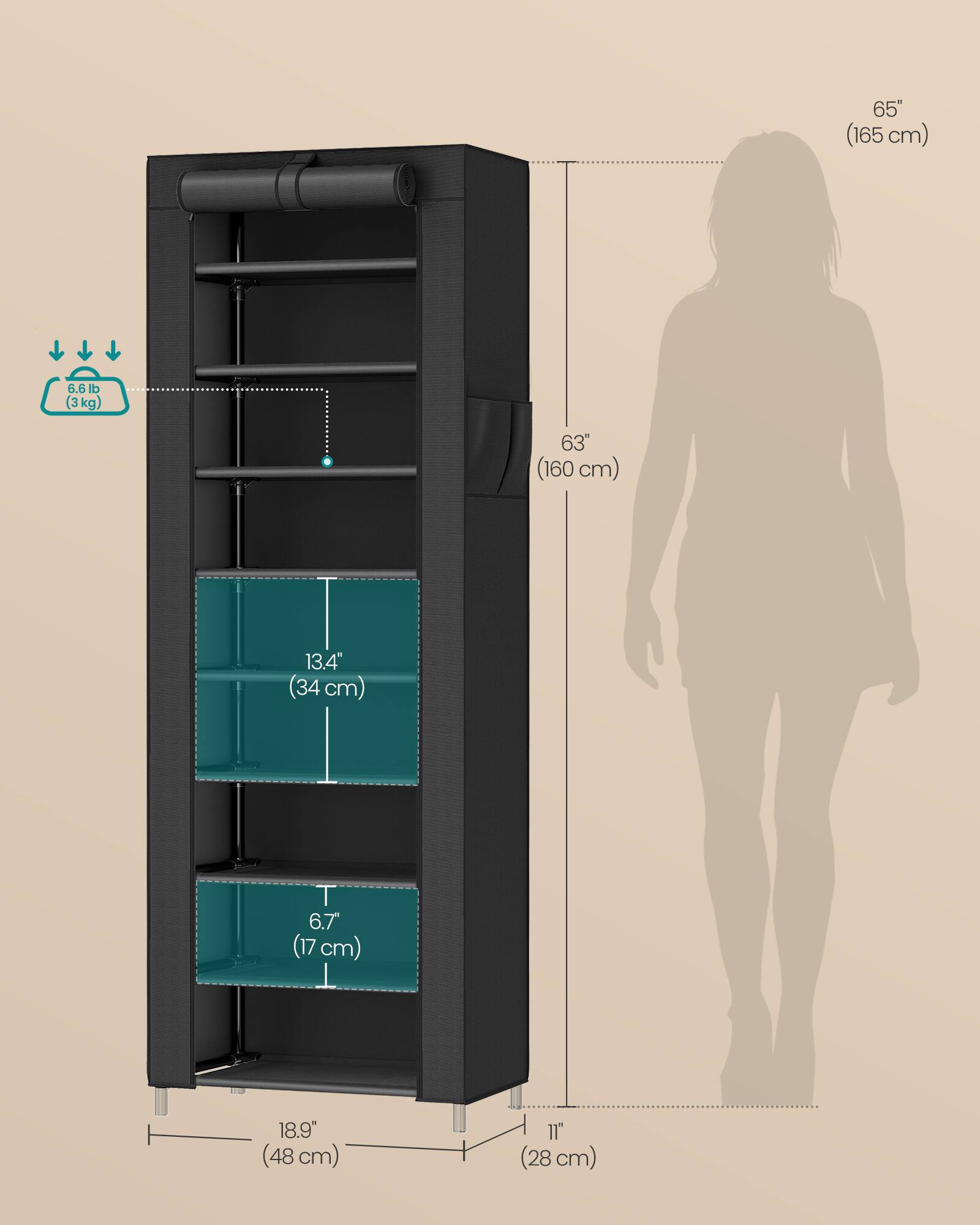65" (165 cm)  
6.6 lb (3 kg)  
63" (160 cm)  
13.4" (34 cm)  
6.7" (17 cm)  
18.9" (48 cm)  
11" (28 cm)